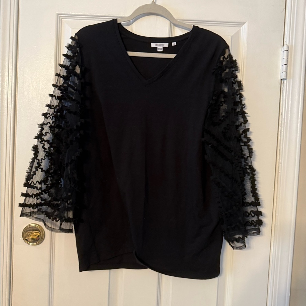 Chico's Black V-Neck Top with Ruffled Sheer Sleeves